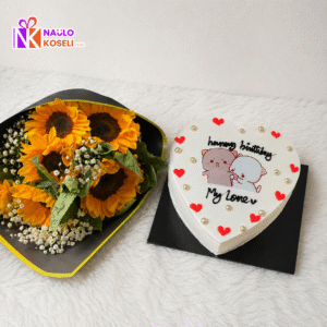Sunflower Bouquet and Heart Cake Combo