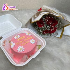 5 Rose Bouquet & Cake Combo with 5 Red Roses, Gypsy Flowers, and Bento Cake
