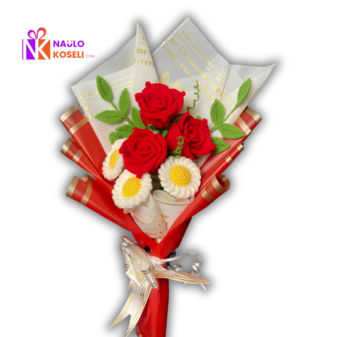 Red Rose and Chamomile Crochet Flower Bouquet
